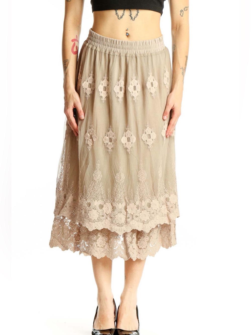 indigo soul Taupe Lace-Tiered Midi Skirt